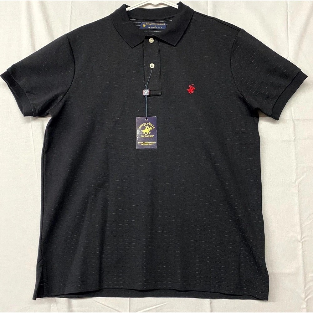 Beverly Hills Polo Club Shirt Mens Large Black Pinstriped Cotton Short Sleeve